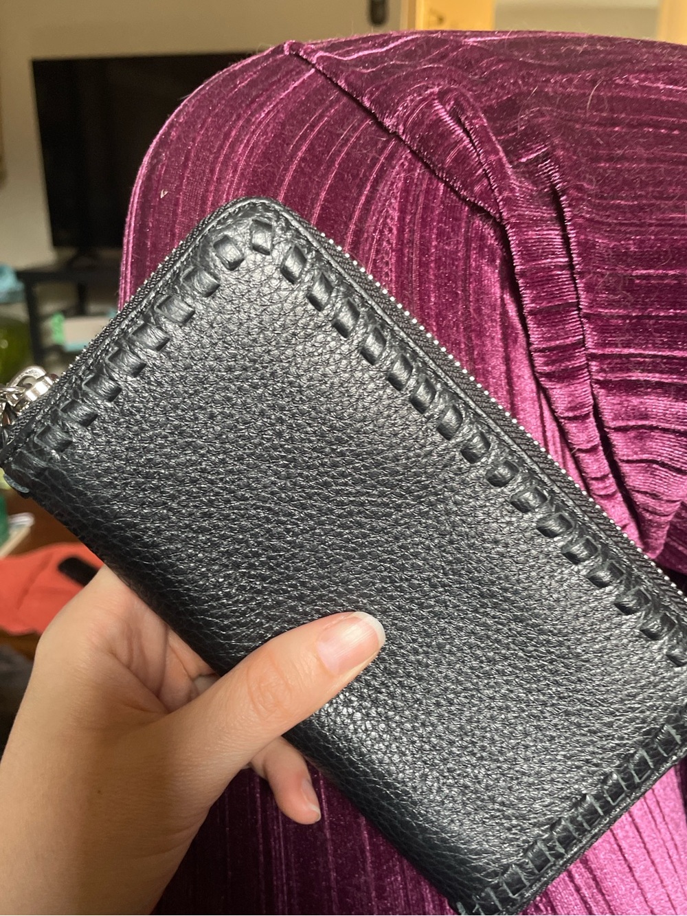 Leather Rebecca Minkoff Black Whipstich Pebbled Zip Wallet, No Strap